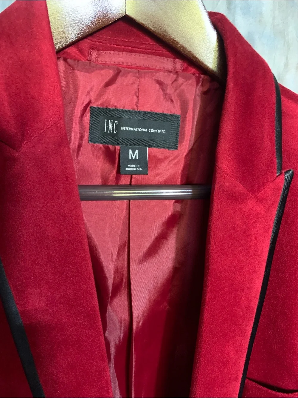 INC International Concepts Medium Size Red Velvet Blazer with Black Trim